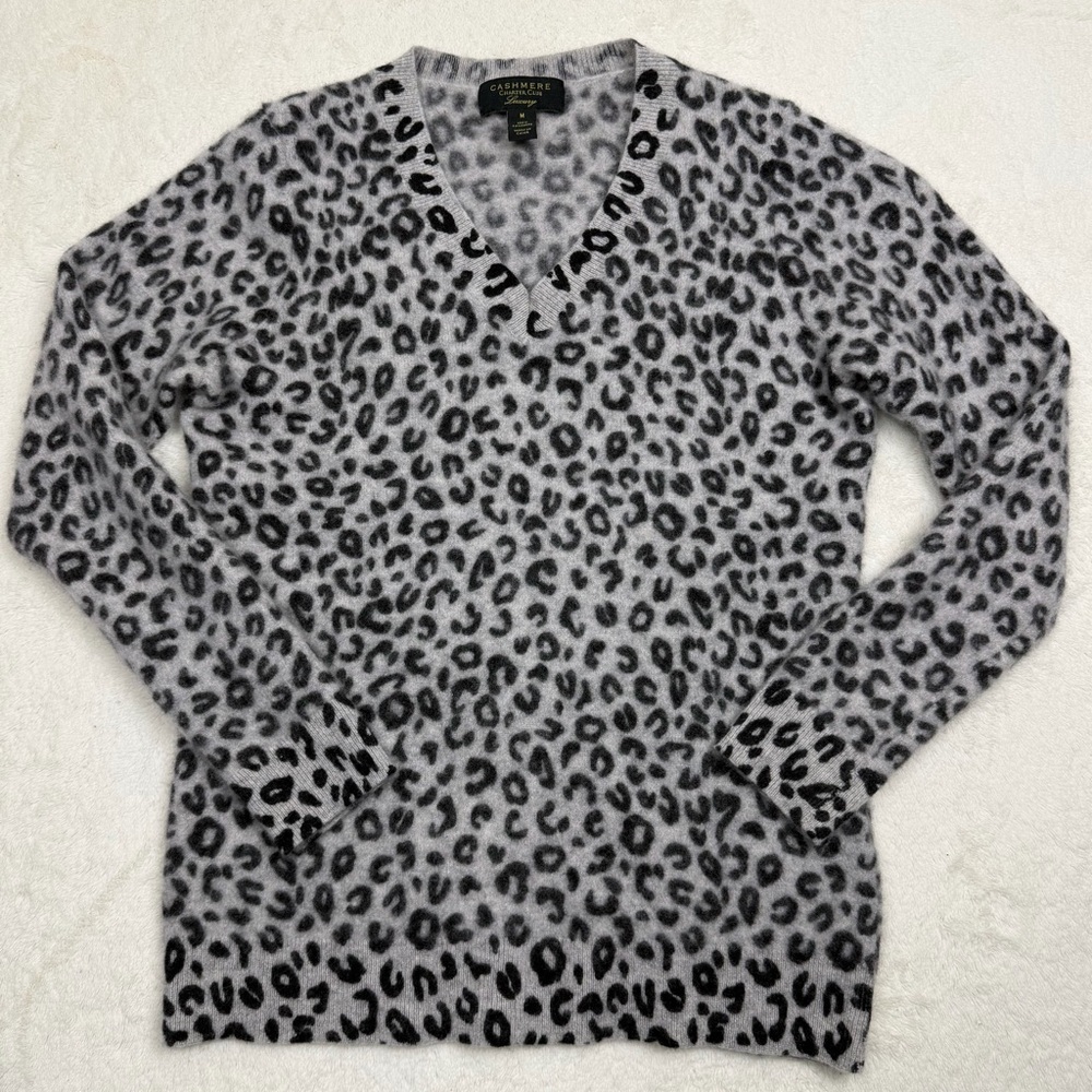 100% Cashmere Leopard Print V-Neck Sweater Charter Club‎ Size M